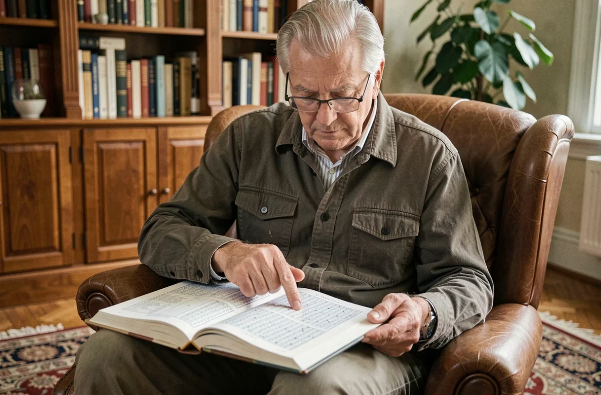Homme âgé avec lunettes de lecture résolvant un livre de mots fléchés dans un fauteuil en cuir