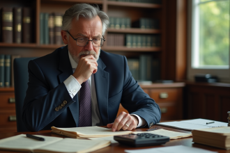 Homme d'affaires examine des vieux documents dans un bureau
