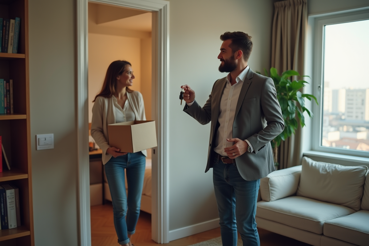 Homme tenant des clés d appartement en entrant dans une chambre