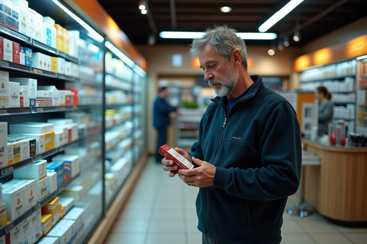 Homme en train de comparer des cartouches de cigarettes dans une boutique duty-free en Andorre