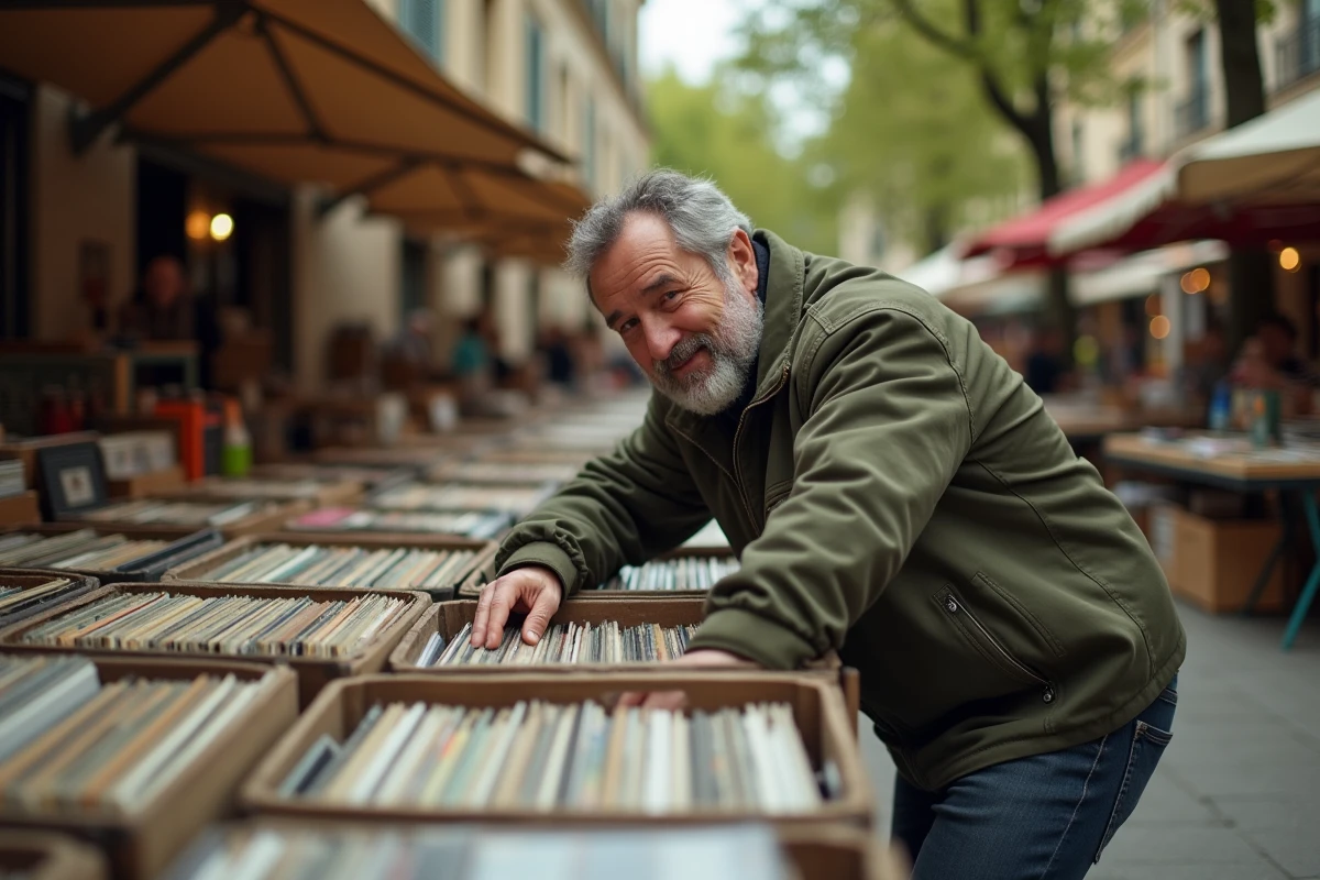 Homme fouillant dans des disques vinyles lors d'une brocante de plein air dans le 49