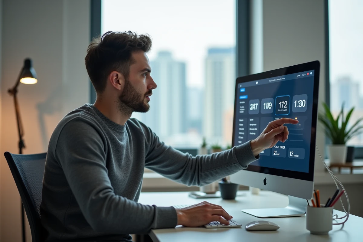 Jeune homme ajustant l'heure sur un ordinateur au bureau