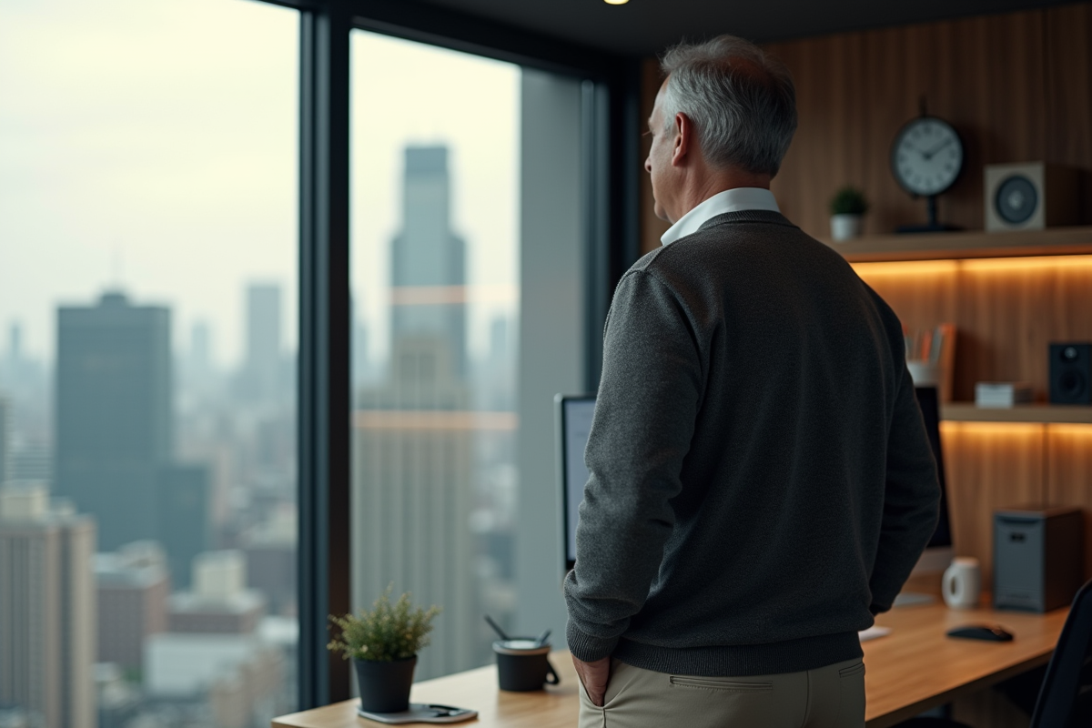 Homme regardant la skyline depuis un bureau moderne