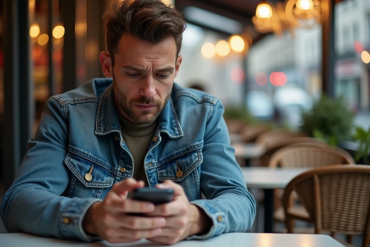 Homme cherchant un lien magnat Monopoly GO depuis un café en utilisant son téléphone
