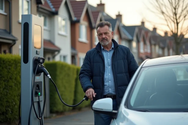Homme branchant sa voiture électrique dans une rue résidentielle