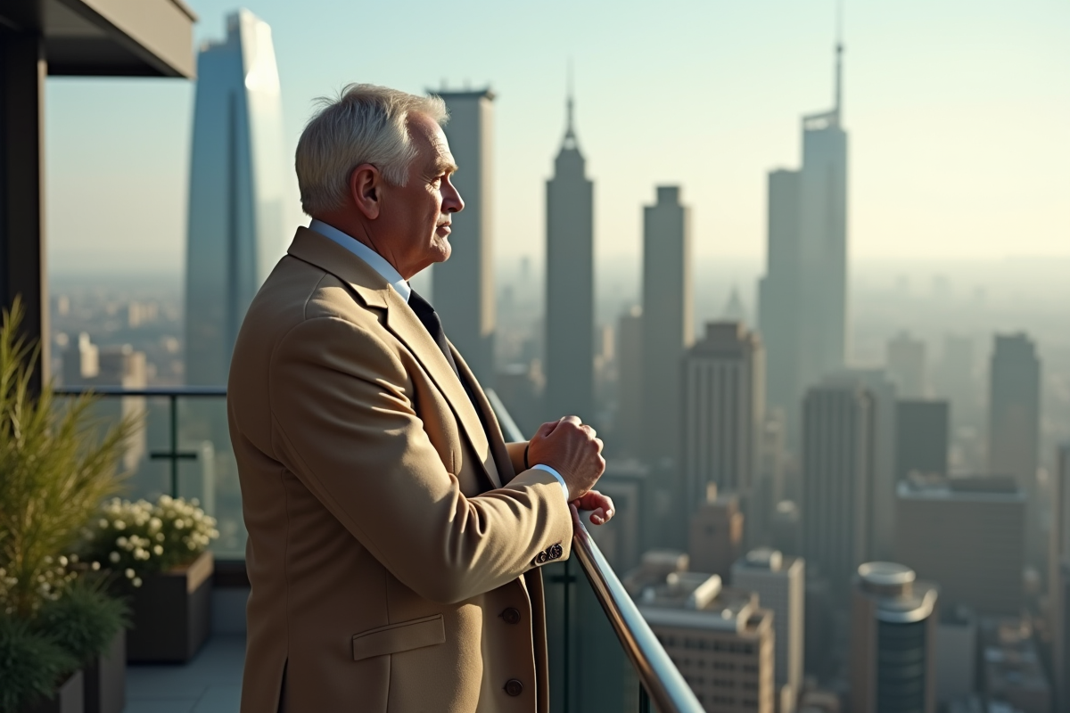 Homme en costume ajusté sur un toit avec vue urbaine