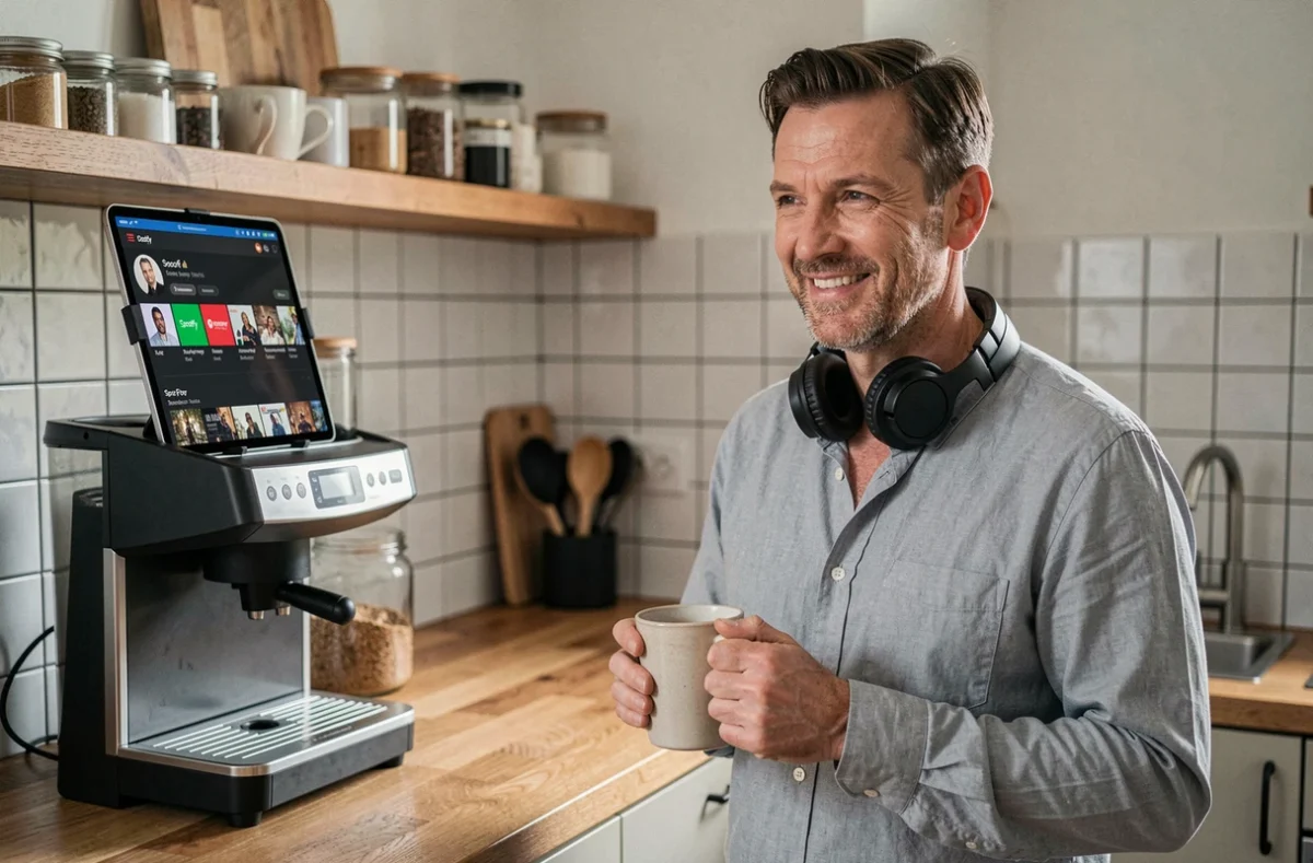 Homme dans une cuisine moderne écoutant un podcast radio en replay sur une tablette avec application Spotify ou Deezer