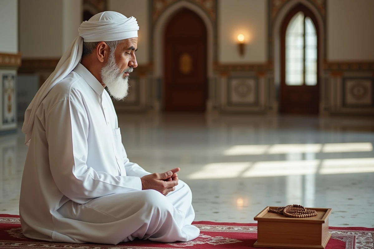Homme musulman âgé priant dans une mosquée lumineuse