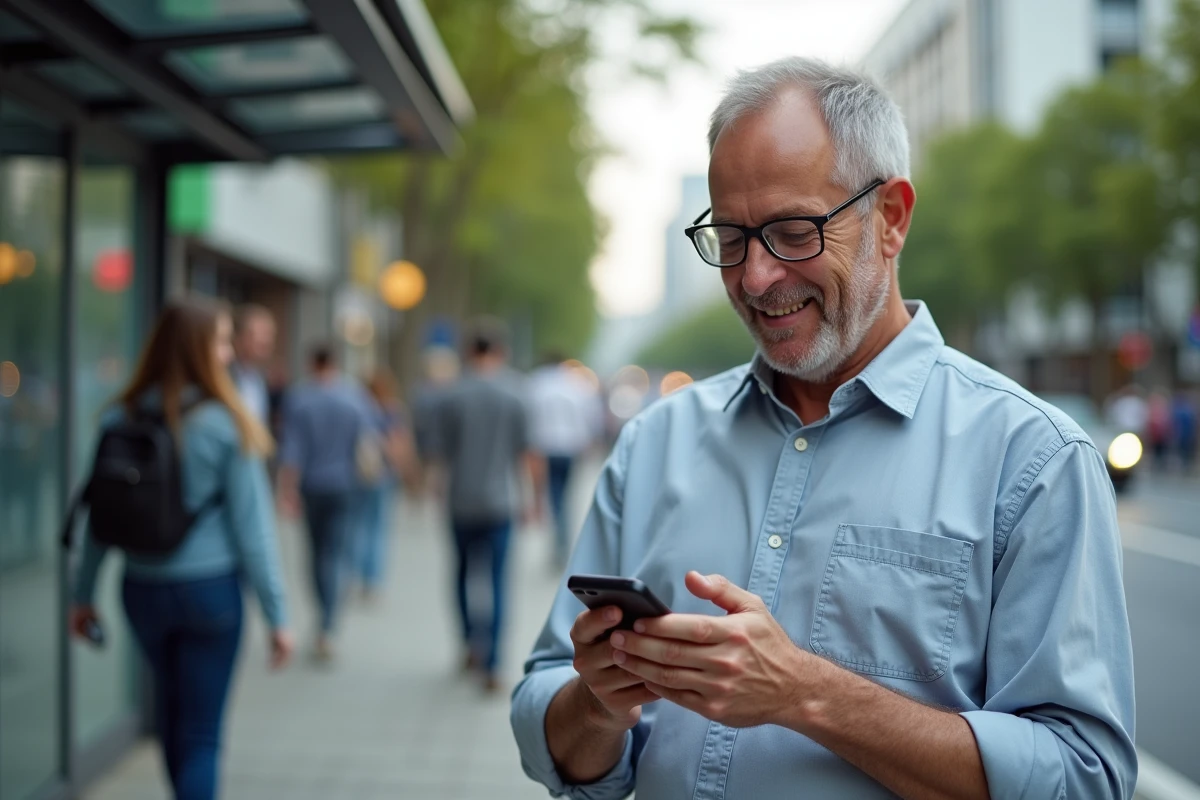 Homme vérifie son calendrier sur smartphone dans la rue