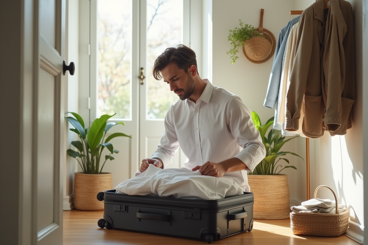 Homme pliant un t-shirt blanc dans une entrée lumineuse