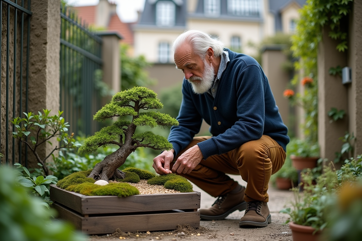 Homme âgé créant un paysage japonais dans un jardin parisien
