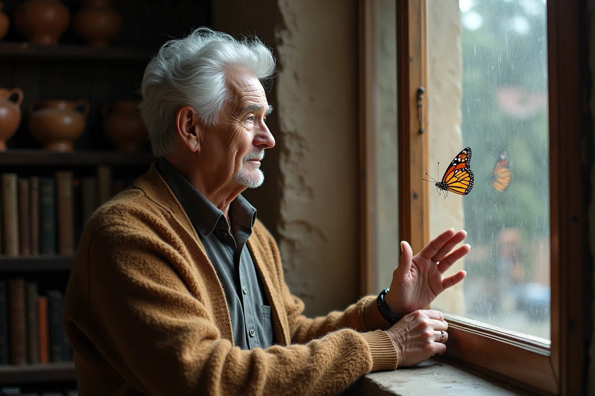Homme âgé regardant un papillon sur la vitre