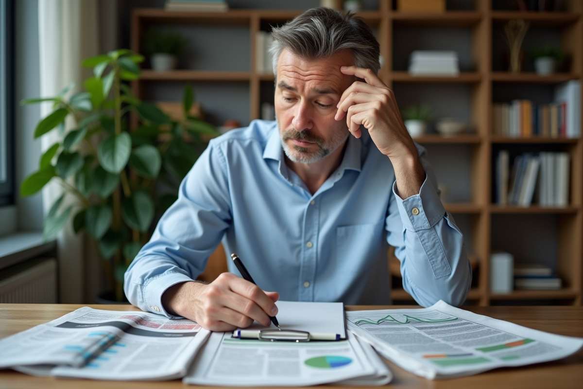 Homme d'âge moyen examine des journaux financiers