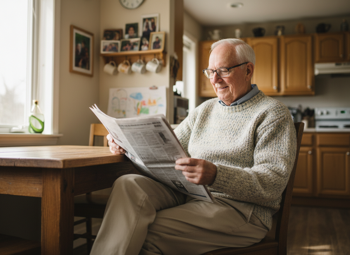 Homme âgé lisant un journal avec ses nouvelles lunettes dans la cuisine