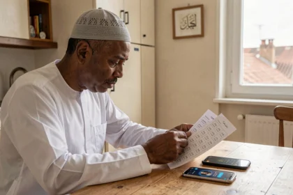 Homme musulman comparant un horaire de prière imprimé et une application mobile à Toulouse