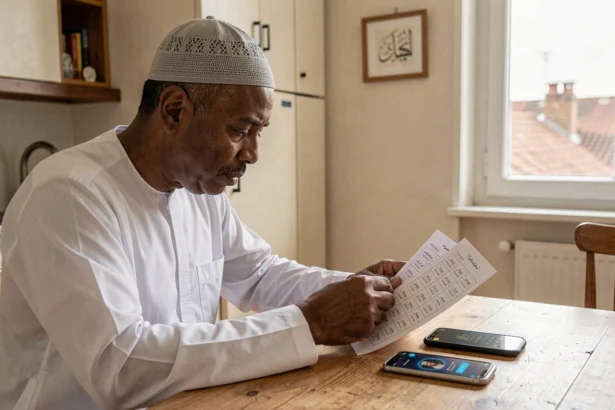 Homme musulman comparant un horaire de prière imprimé et une application mobile à Toulouse