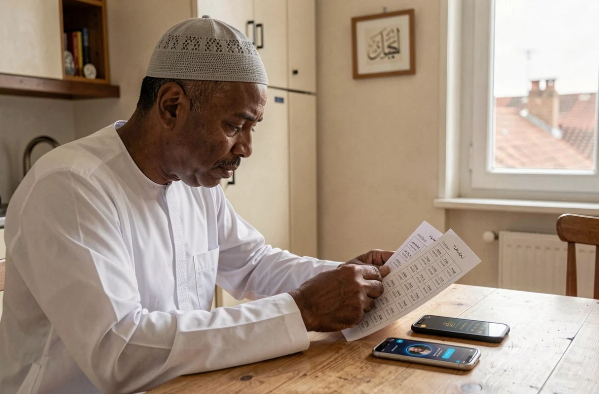 Homme musulman comparant un horaire de prière imprimé et une application mobile à Toulouse