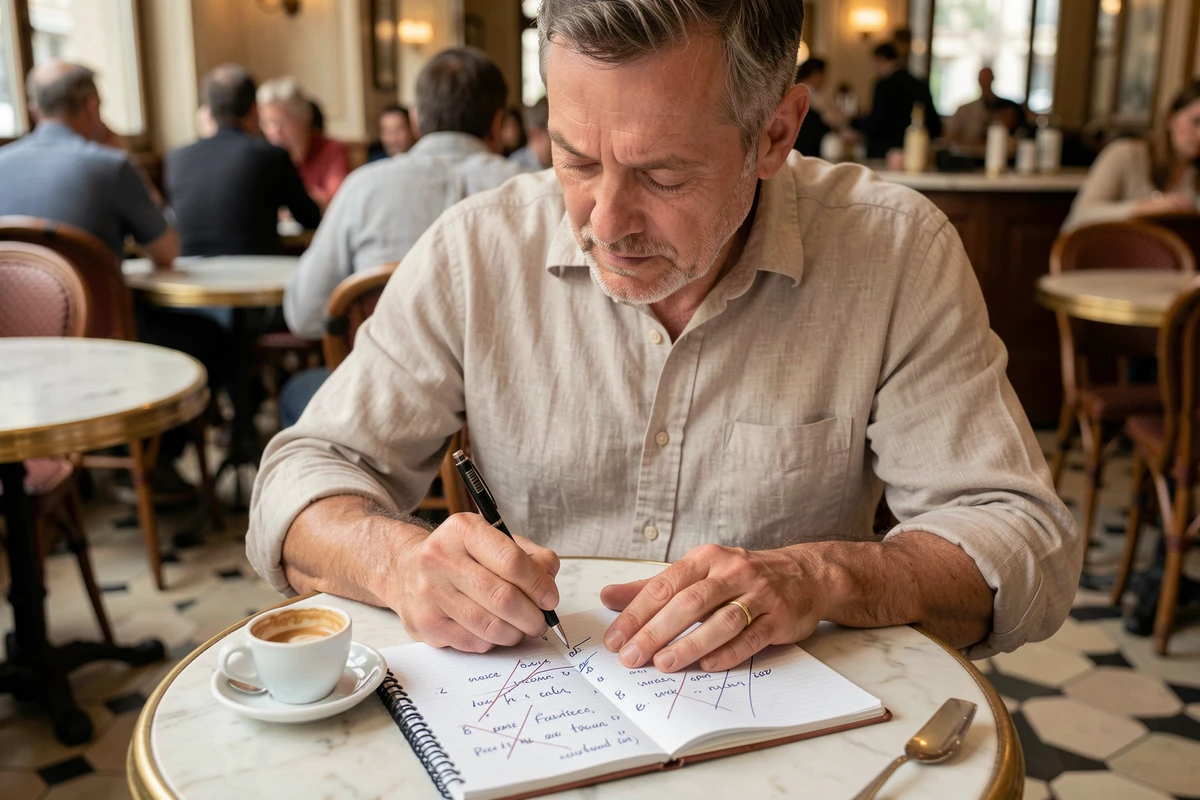 Homme résolvant un pendu avec des mots difficiles en français dans un café parisien