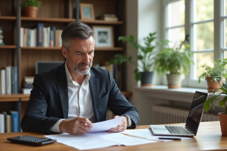Homme d'âge moyen examinant documents de location et guide fiscal