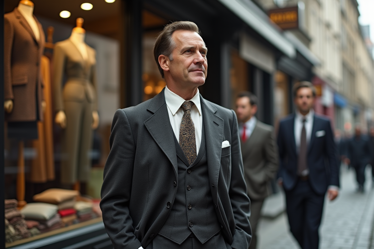 Homme dans la rue des années 1940 observant le quartier
