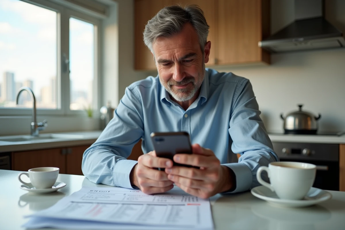 Homme d'âge moyen vérifiant les résultats de Keno sur son smartphone à la cuisine