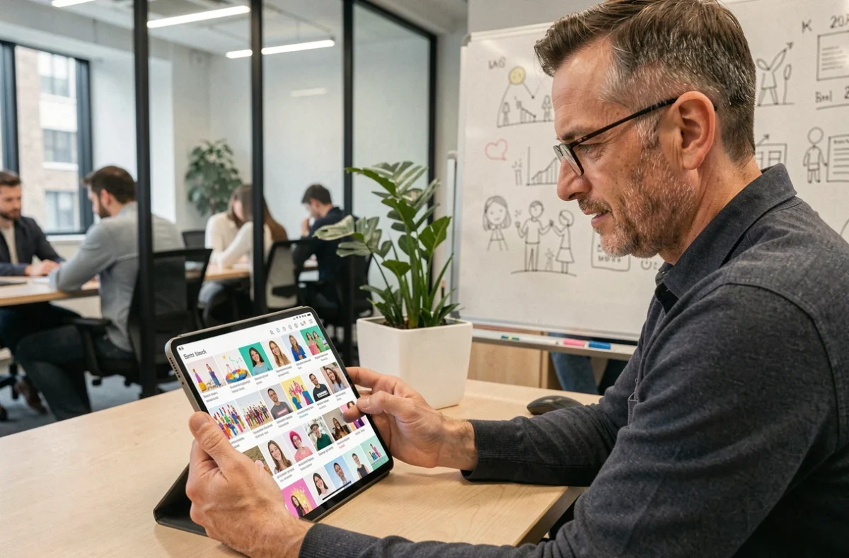 Homme en train de télécharger des GIFs anniversaire gratuits sur une tablette dans un espace de coworking