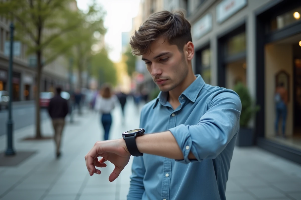 Jeune homme regardant sa montre dans la rue en ville à 18h18
