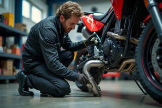 Homme installant un échappement sur un quad dans un garage
