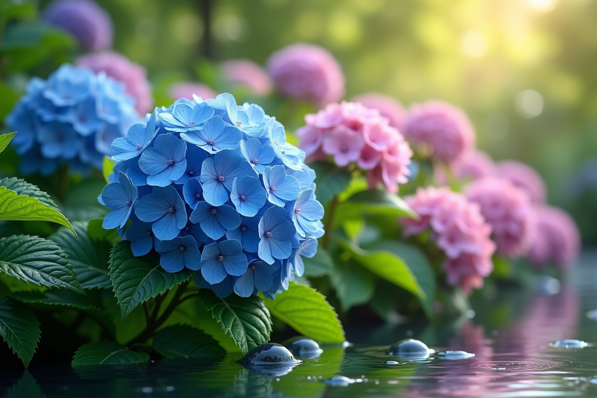 Hortensias bleus et roses en pleine floraison dans un jardin luxuriant
