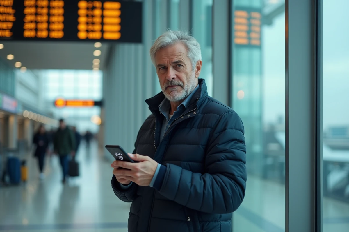 Homme en déplacement à l'étranger composant un numéro avec l'indicatif international 32 de la Belgique depuis un aéroport international