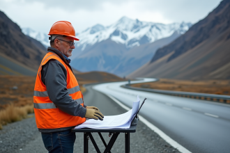 Ingénieur routier en veston orange sur route de montagne