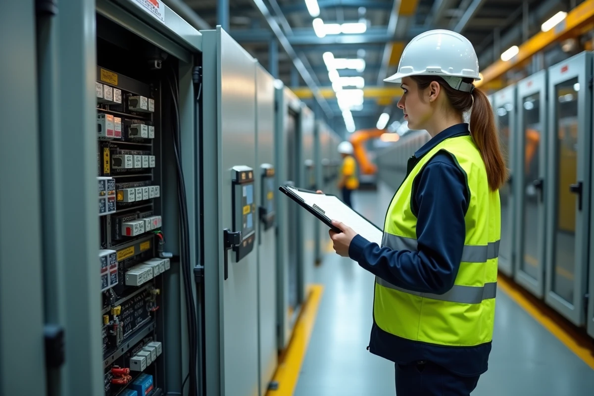 Ingénieure vérifiant des relais temporisés dans une armoire de commande sur une ligne de production automatisée