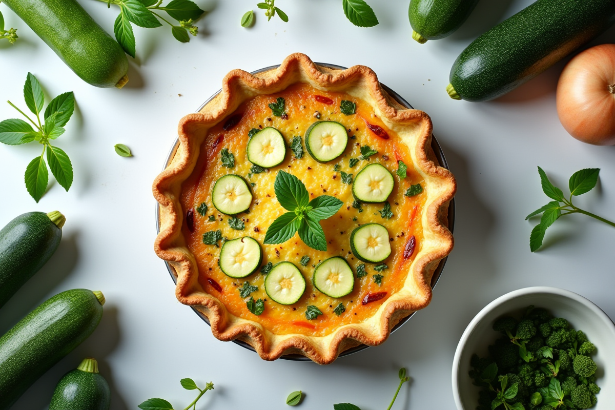 Vue de dessus d une quiche zucchini avec ingrédients frais
