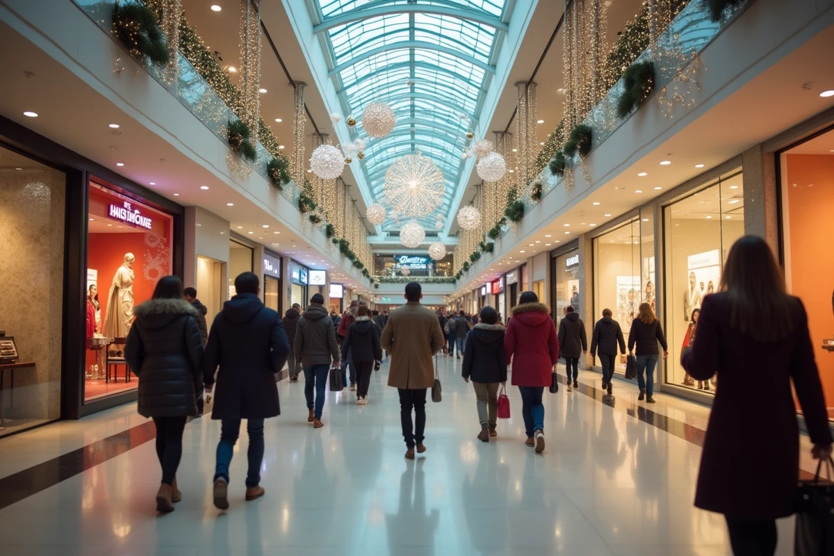 Intérieur d'un centre commercial animé un dimanche de décembre avec des familles faisant leurs achats de Noël