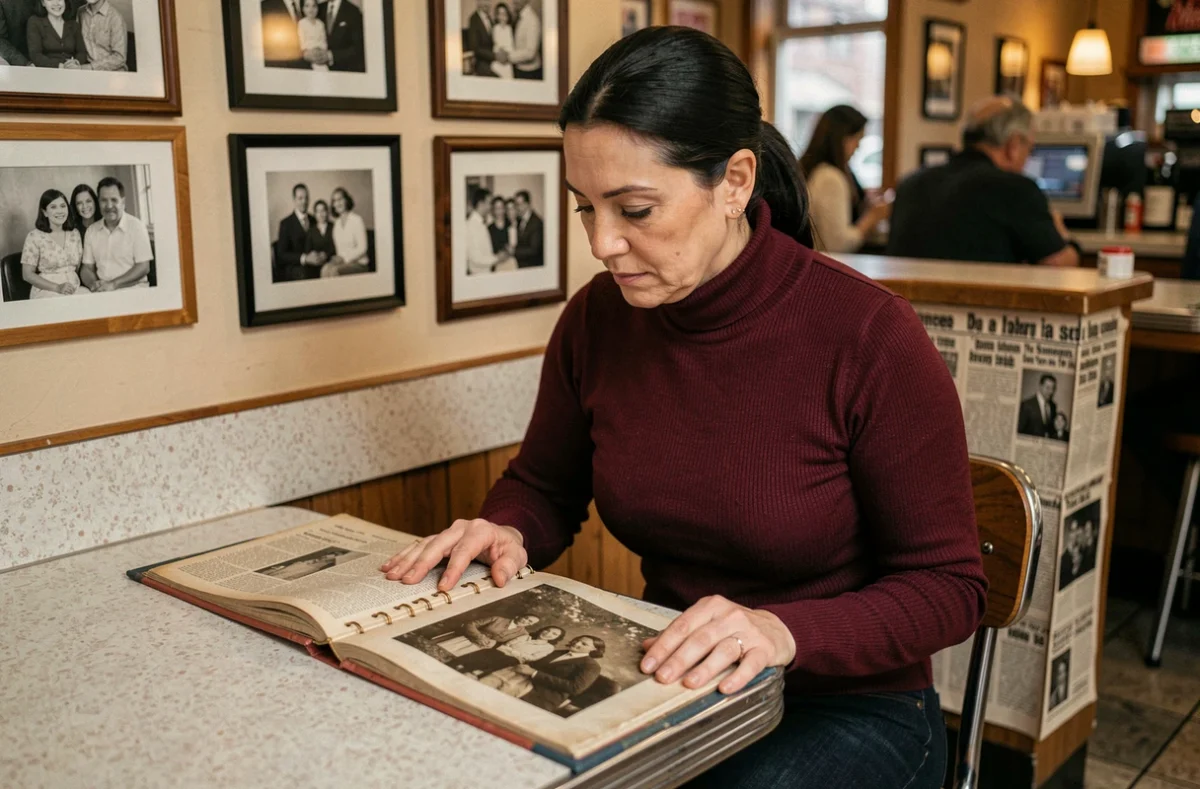 Femme latina contemplant un album photo de famille dans un diner du Bronx, symbole des racines familiales et culturelles de Jennifer Lopez