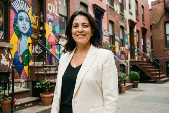 Femme latina confiante dans le Bronx, évoquant les origines portoricaines de Jennifer Lopez dans un décor urbain new-yorkais authentique