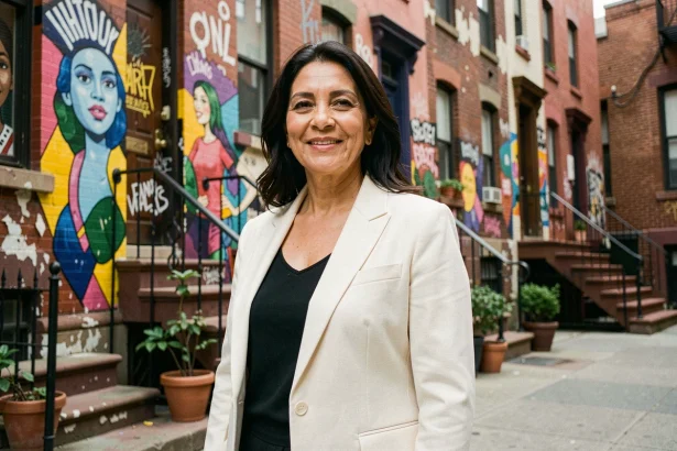 Femme latina confiante dans le Bronx, évoquant les origines portoricaines de Jennifer Lopez dans un décor urbain new-yorkais authentique