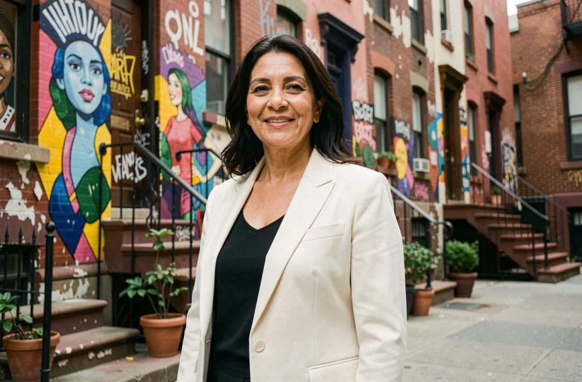 Femme latina confiante dans le Bronx, évoquant les origines portoricaines de Jennifer Lopez dans un décor urbain new-yorkais authentique