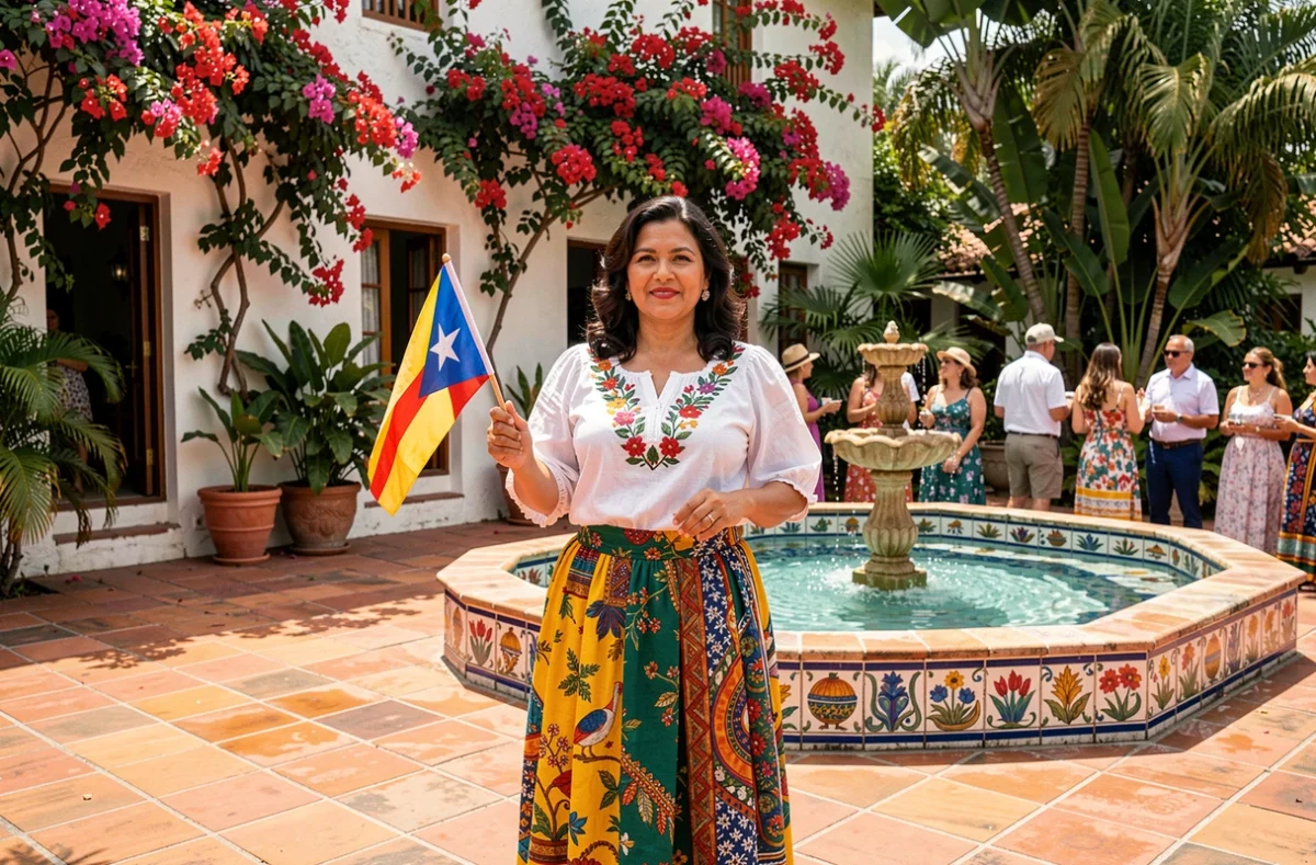 Femme en tenue traditionnelle portoricaine tenant un drapeau lors d'une célébration culturelle caribéenne, illustrant les racines de Jennifer Lopez