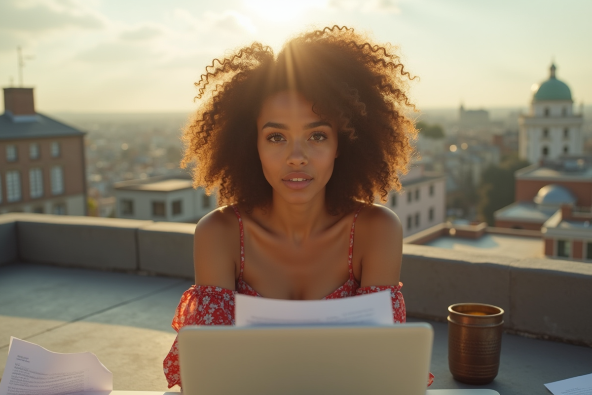 Jeune actrice aux yeux expressifs sur un rooftop ensoleille