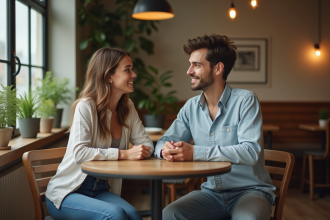 Jeune adulte nonbinaire au café avec un ami dans un cadre chaleureux