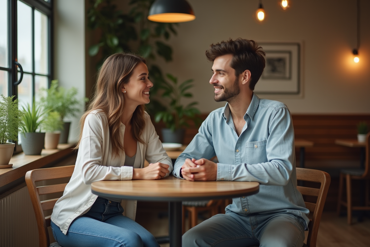 Jeune adulte nonbinaire au café avec un ami dans un cadre chaleureux