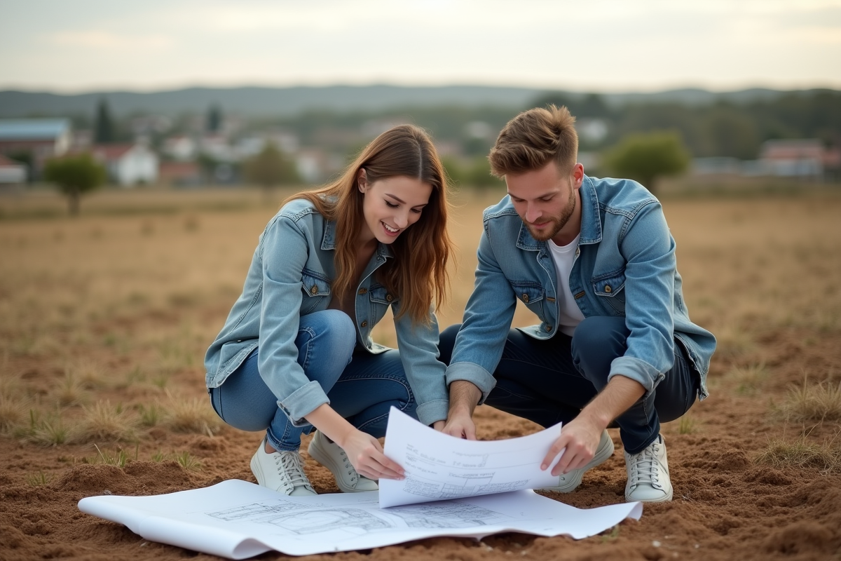 Jeune couple examinant des plans de construction en plein air