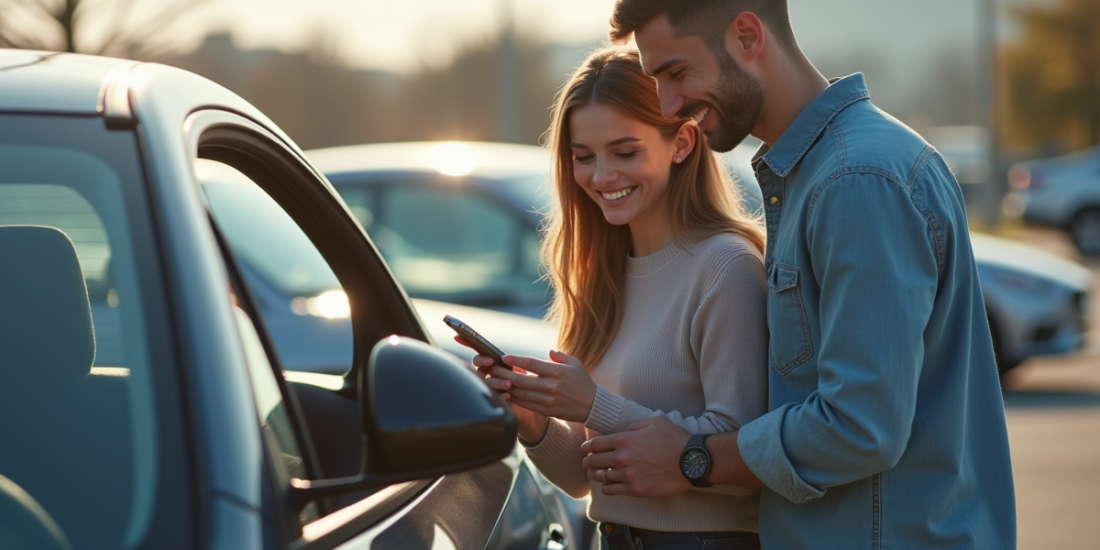 Jeune couple heureux examinant une voiture compacte neuve
