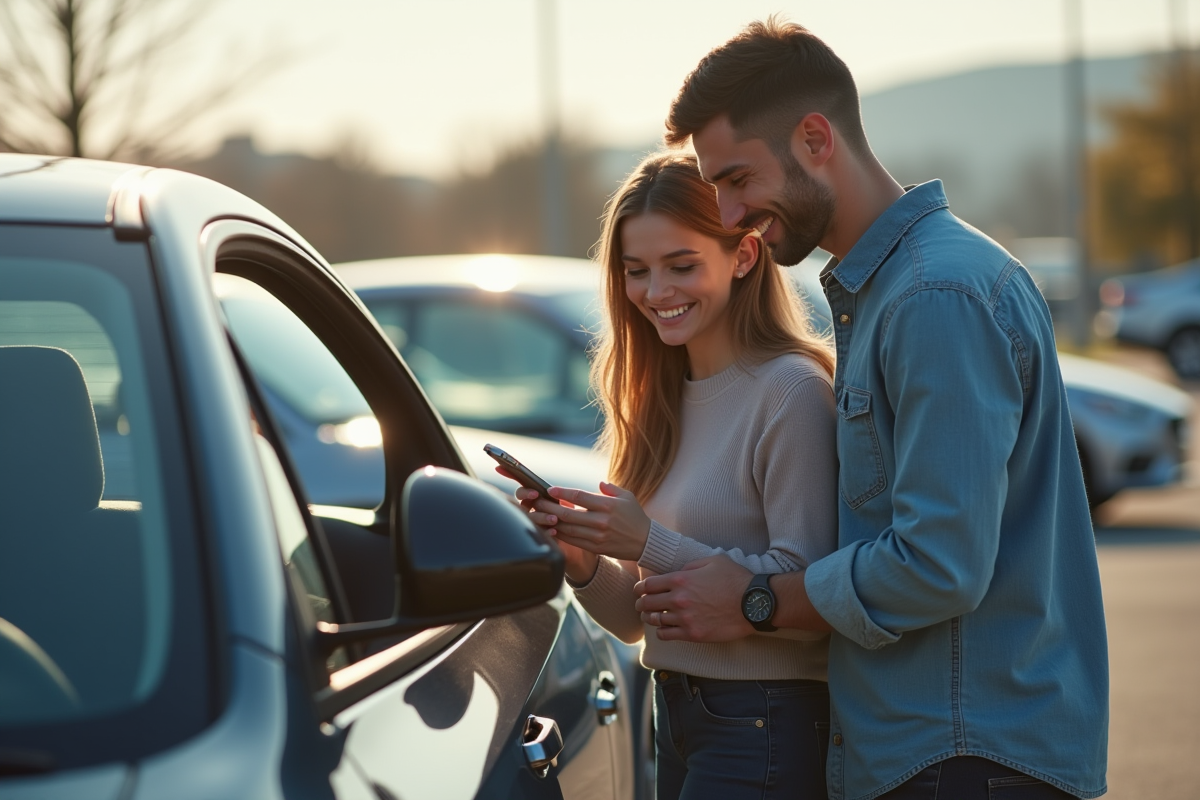 Jeune couple heureux examinant une voiture compacte neuve