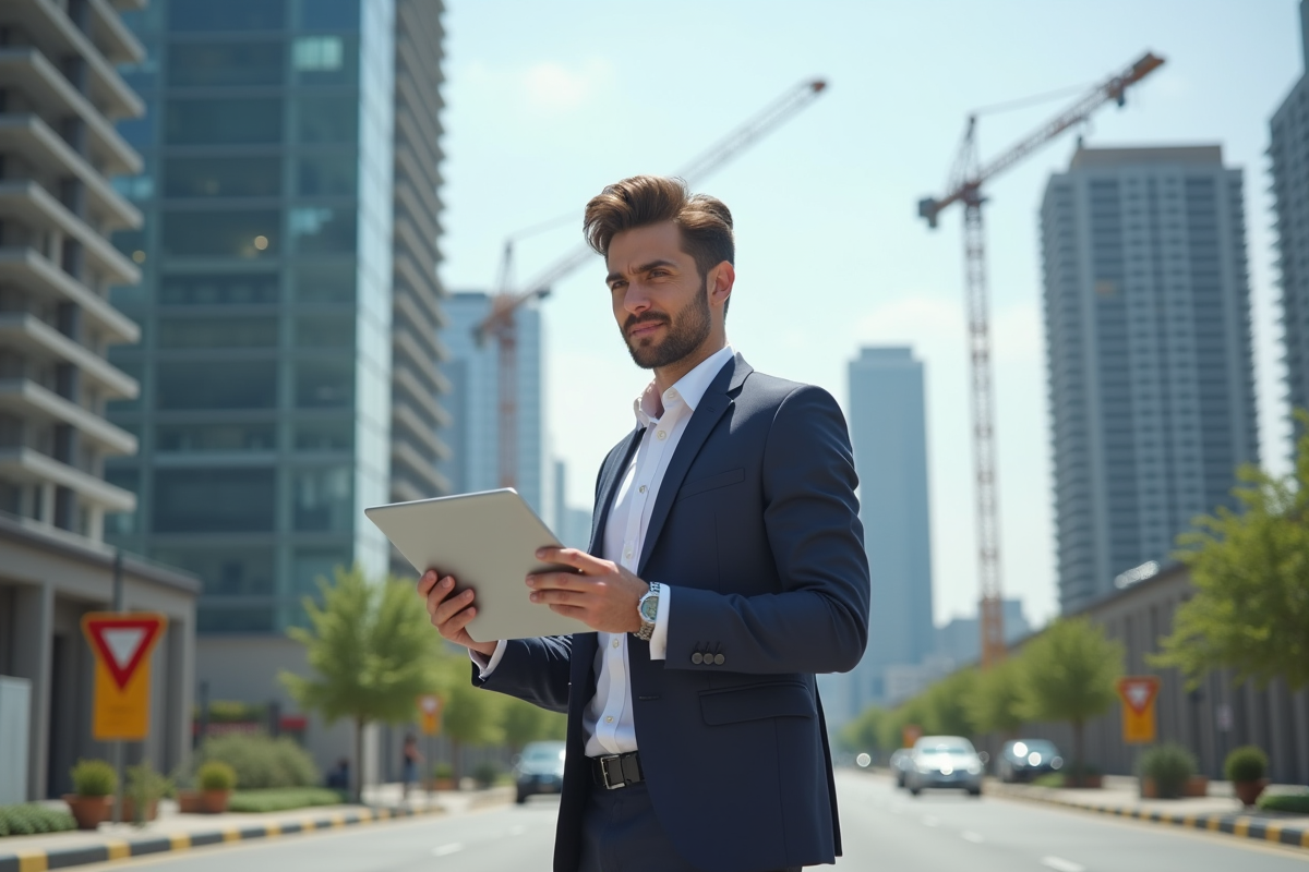 Jeune entrepreneur dans la ville en pleine expansion