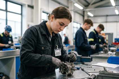Jeune femme en atelier assemble une machine complexe