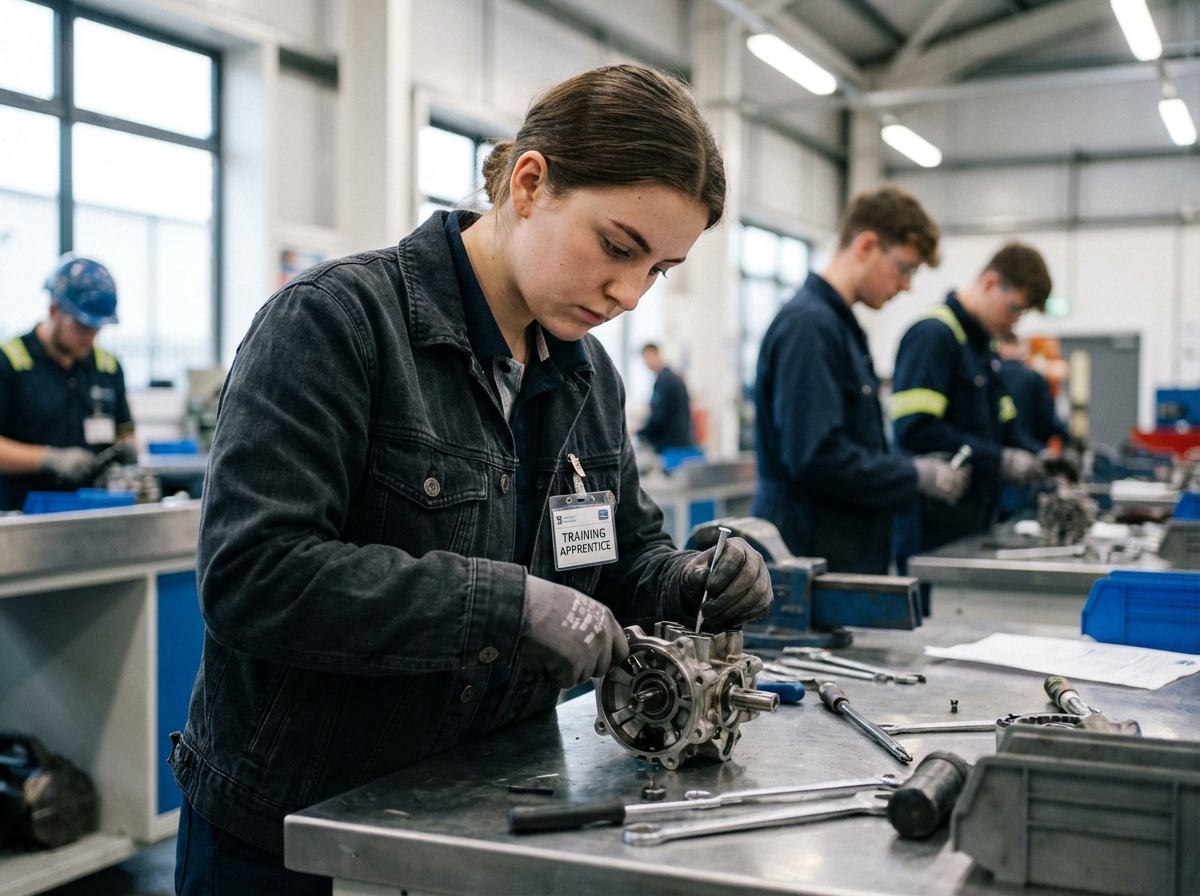 Jeune femme en atelier assemble une machine complexe