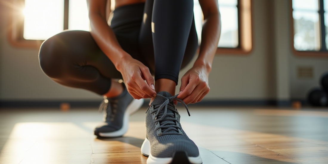 Jeune femme nouant ses baskets de sport modernes dans une salle lumineuse