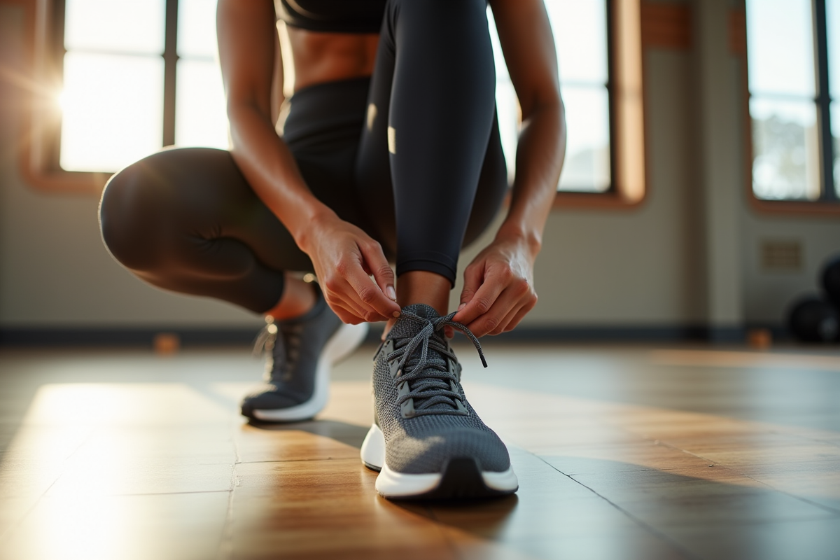 Jeune femme nouant ses baskets de sport modernes dans une salle lumineuse